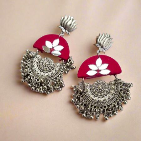 Magenta Rani Pink Heavy Oxidized Lotus Earrings